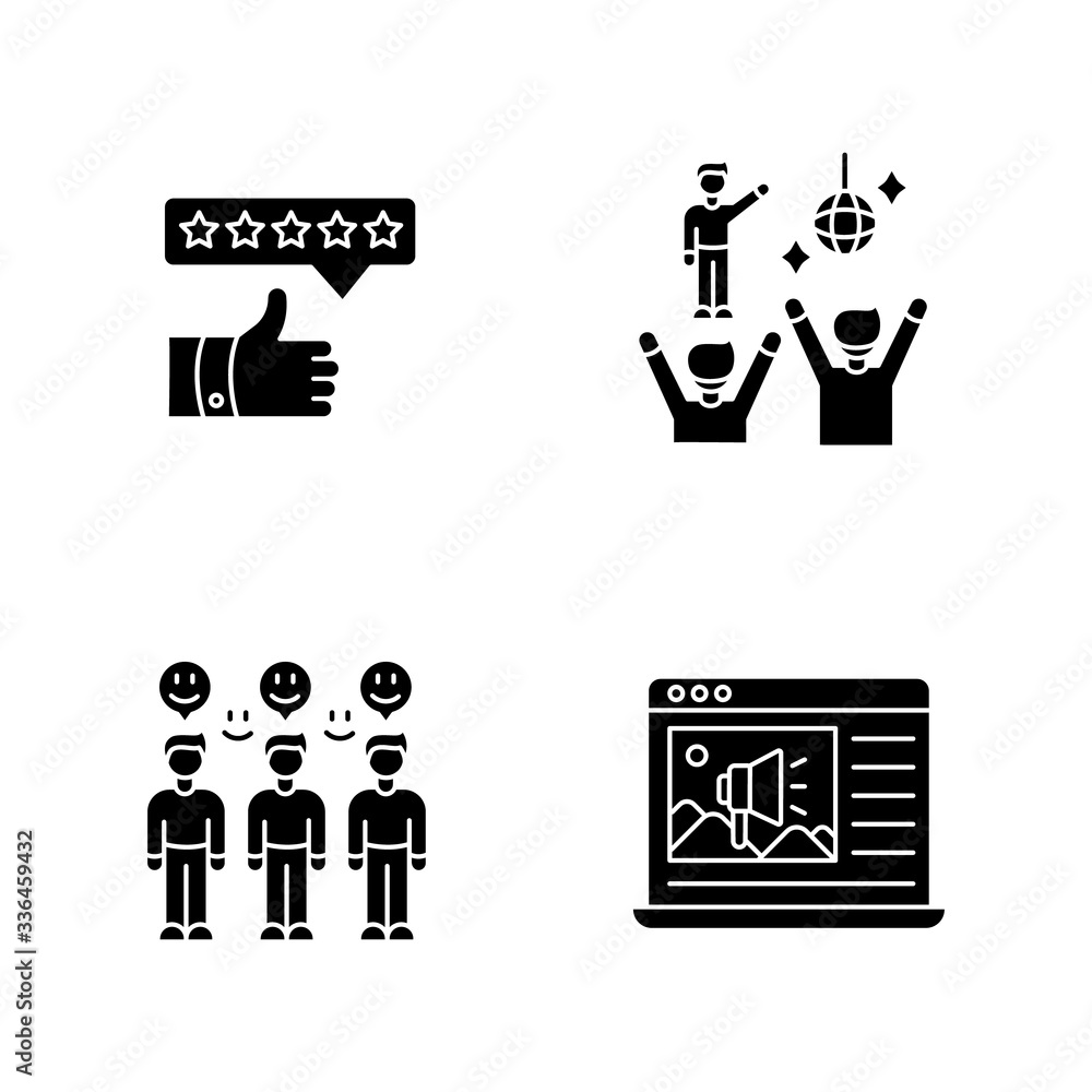 Wall mural Social media marketing black glyph icons set on white space. Review rating. Fan meeting. Loyal audience. Advertisement insert. Social media marketing. Silhouette symbols. Vector isolated illustration