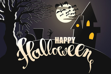 Happy Halloween text on background of dark spooky cemetery with grave stones, scary tree , haunted house in full moon light and flying bats. Modern vector in flat style. Halloween poster