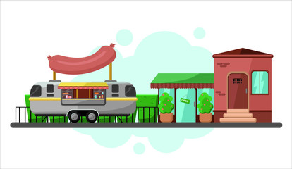 Foodtruck in the street and in the town. Big sausage foodtruck vector illustration. Food on wheels