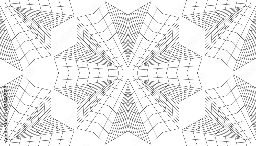 Poster seamless abstract geometric pattern. volumetric forms of many lines. kaleidoscope of 3d images.