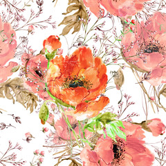  Watercolor seamless pattern of wild poppies and grass