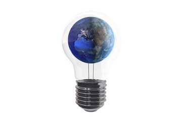 3d illustration: A planet in a light bulb. The earth is in the night, the cities glow with electric light. Environmental concept.
