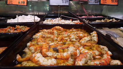 Fresh Shrimps and Seabream in Fish market.