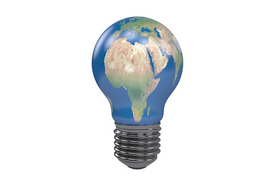 3d illustration: Planet earth from the African continent in a light bulb, on a white background isolated. Environmental concept.
