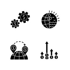 International business, global trade black glyph icons set on white space. Assets, natural resources using. Commerce, world trading, competitive edge. Silhouette symbols. Vector isolated illustration