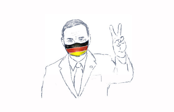 Drawing of a man in a tie and a protective mask in the colors of the German tricolor
