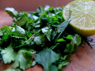 Fresh coriander herb with lime