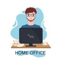Young adult man working at home with computer in flat style.