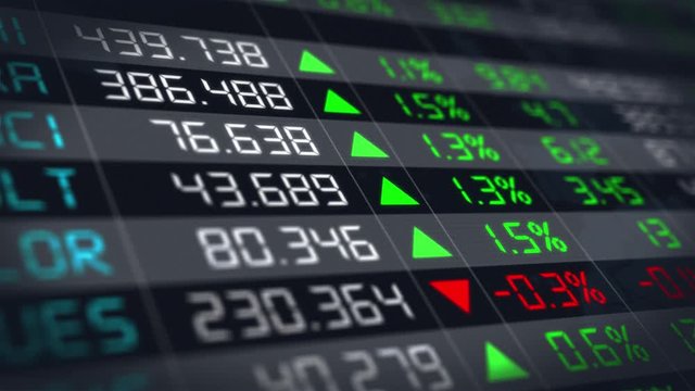 Stock market tickers going up, with digital green animation of the board of the evolution of stock market prices. Financial chart of stock exchange data - 4K animation 
