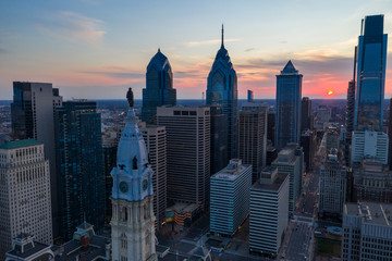 Fototapeta na wymiar Amazing Sunset Drone Photo of Philly Skyline