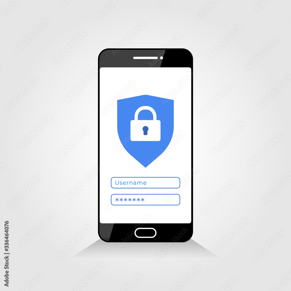 Poster account protection on smartphone screen concept. security authentication to protect private files, d