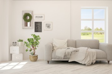White living room with sofa. Scandinavian interior design. 3D illustration