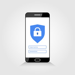 Account protection on Smartphone screen concept. Security authentication to protect private files, data or documents. Login interface template with shield and lock symbol, vector illustration
