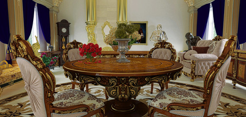 Luxuriously decorated rococo style room, living room with bed, Byzantine gold and sculptures, 3d rendering, 3d illustration