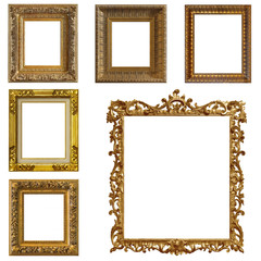 Set of golden frames for paintings, mirrors or photo isolated on white background