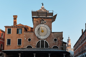 Venice, Italy - February 19, 2020: Clock at San Giacomo di Rialto also known as Giacometto, a church in the sestiere of San Polo
