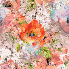  Watercolor seamless pattern of wild poppies and grass