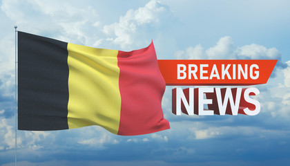 Breaking news. World news with backgorund waving national flag of Belgium. 3D illustration.