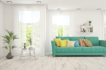 White living room with sofa. Scandinavian interior design. 3D illustration