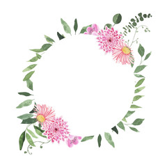 Watercolor summer floral fields frame with dahlia flowers greenery leaves foliage isolated. Floral spring frame blossom boho illustration wedding invitation save the date card