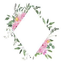 Watercolor summer floral fields frame with dahlia flowers greenery leaves foliage isolated. Floral spring frame blossom boho illustration wedding invitation save the date card