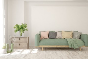 White living room with sofa. Scandinavian interior design. 3D illustration