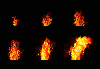 6 sets of heat energy flames from small to large, respectively Installed on a black background Natural yellow red heat energy - obrazy, fototapety, plakaty