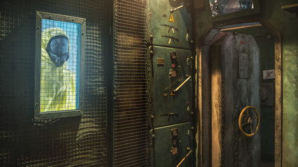 Protective costume man in coronavirus bunker. Selective focus on person.