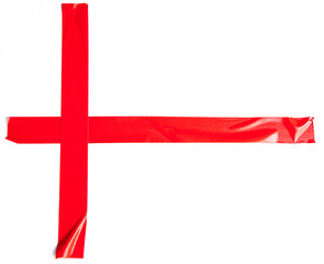 Obraz premium Set of red tapes on white background. Torn horizontal and different size sticky tape, adhesive pieces.