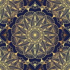 Hand drawn seamless pattern vector of golden mandala with floral elements. Vintage mosaic for design tile, cards, invitations, wallpaper, wrapping paper. Ethnic, islam, arabic, indian, ottoman motifs