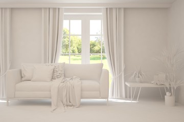 White living room with sofa and summer landscape in window. Scandinavian interior design. 3D illustration