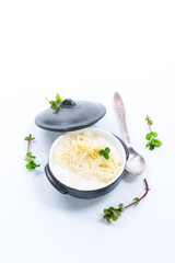sweet boiled vermicelli with milk in a ceramic bowl