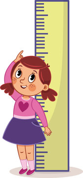 A Girl Measures Her Own Height With A Big Ruler. Vector Illustration.