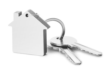 Blank house shaped keychain with two keys, isolated on white background - obrazy, fototapety, plakaty