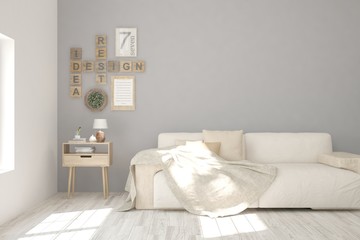 White living room with sofa. Scandinavian interior design. 3D illustration