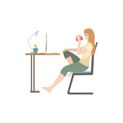 Woman sitting at table, drinking tea and using computer flat icon. Freelance, student, internet. Leisure concept. illustration can be used for topics like domestic life, business, technology