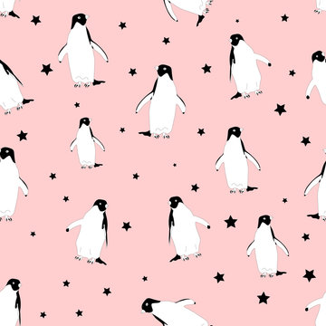 Vector seamless pattern with hand drawn pairs of cute penguins. Ink drawing, funny illustration, beautiful animal design elements. Perfect for prints and patterns