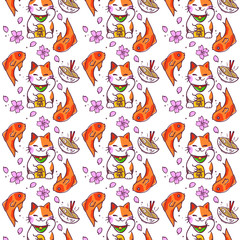 Japanese lucky cat illustration, Hand drawn vector asian seamless