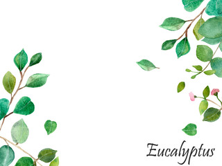 Watercolor hand painted nature corner frame composition with green eucalyptus leaves on branch and pink flower buds on the white background for invite and greeting card with the space for text