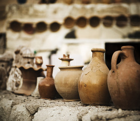 old clay pots on display, Göreme, Cappadocia, Turkey