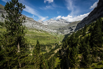 Nice mountain over a valley with a lot of nature around, trees, grass, rocks. In Spain Pyrenees. Cola de caballo