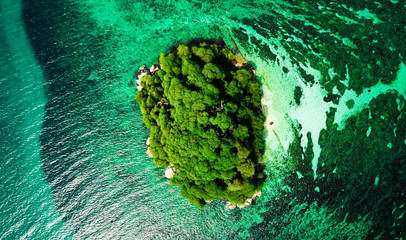 Aerial view of small rocky island with only trees and plants, surrounded by coral reef and green, transparent waters on Borneo, Malaysia 