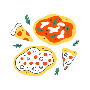 Pizza collection, various pizza slices, pepperoni and margherita, fast food illustration for pizzeria delivery service, isolated vector hand drawn illustration, colorful doodle drawing