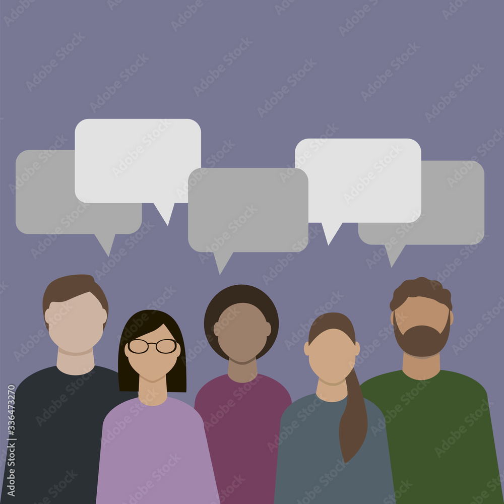 Poster people without faces standing in a row with signs of messages and dialogue above their heads.