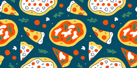Pizza pattern, colorful doodle fast food background, vector texture, food illustration for pizzeria, restaurant or cafe, saucy italian pizza and pepperoni slices, modern cartoon drawing