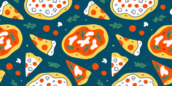Pizza pattern, colorful doodle fast food background, vector texture, food illustration for pizzeria, restaurant or cafe, saucy italian pizza and pepperoni slices, modern cartoon drawing