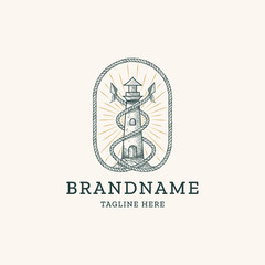 Lighthouse with rope logo design template. Hand drawing, engraving, vintage, retro vector