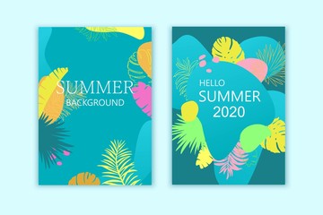 Set of summer exotic backgrounds, cards, brochures, covers. Bright colorful design, trendy style.