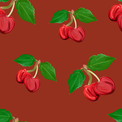 Cute cherry seamless pattern. Good for textile, wrapping, wallpapers, Sweet red ripe cherries isolated on red background. Gouache hand drawing illustration