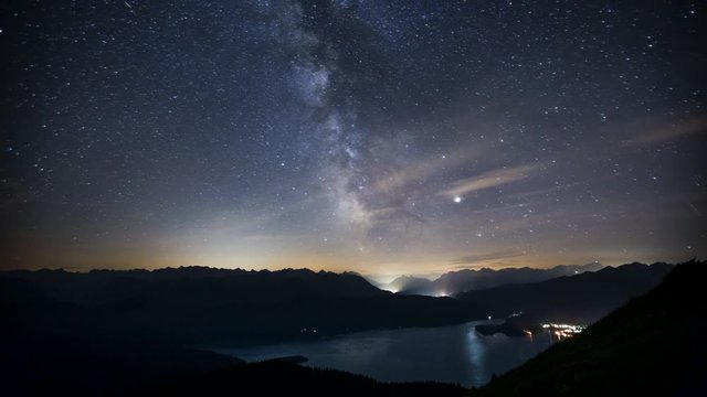 Time lapse of milky way and night sky with stars over lake Walchensee in the mountains, from Jochberg in the Bavarian Alps, Bavaria
